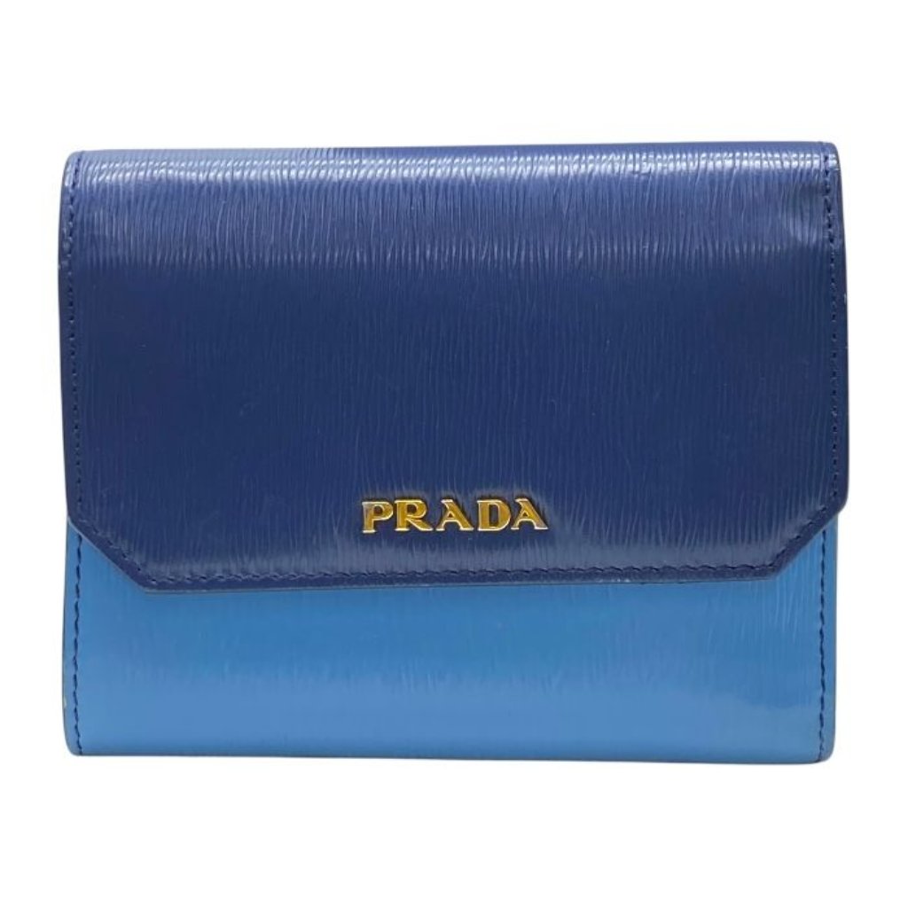 Prada Vitello Move Co Trifold Wallet Fold Wallet Leather Logo Gold Blue Bicolor